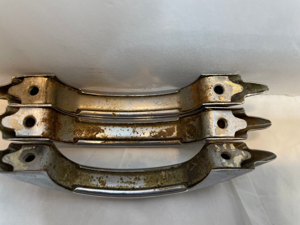 3 Vintage Polished Chrome Drawer Pulls Stepped Sides Art Deco Cabinet Handle