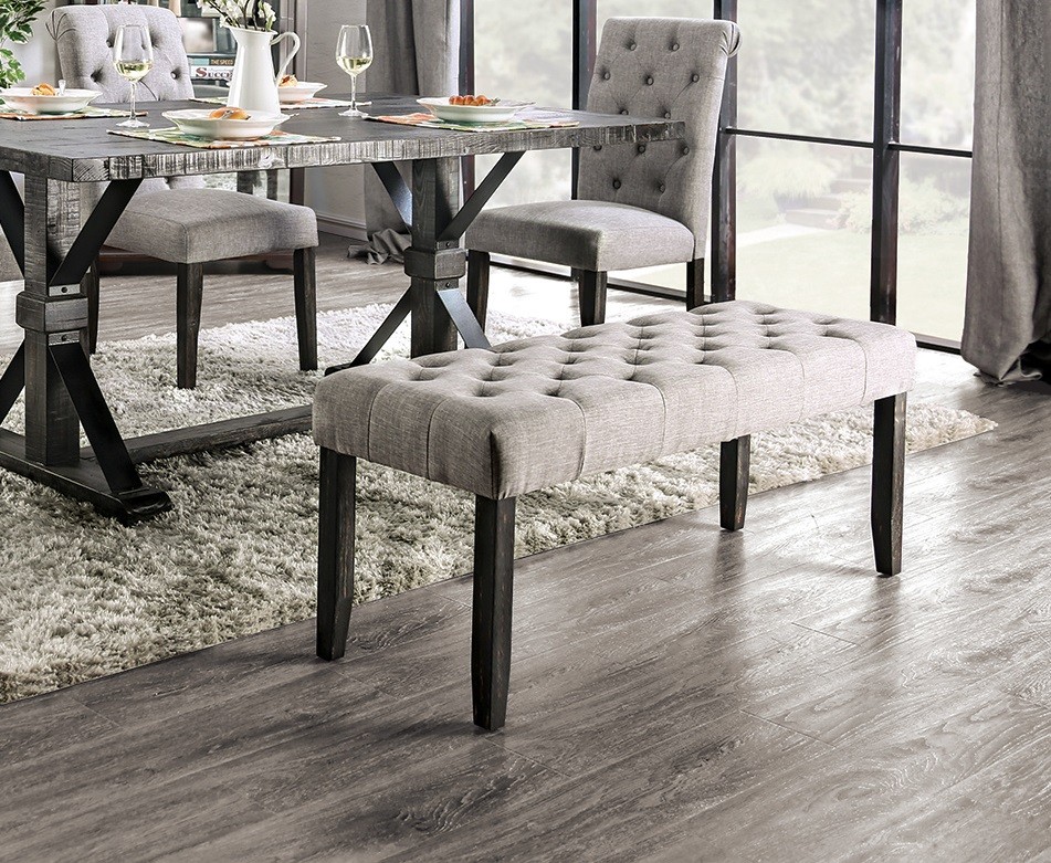 Classic Light Gray Color 1PC BENCH Button Tufted Linen Like Fabric Solid wood