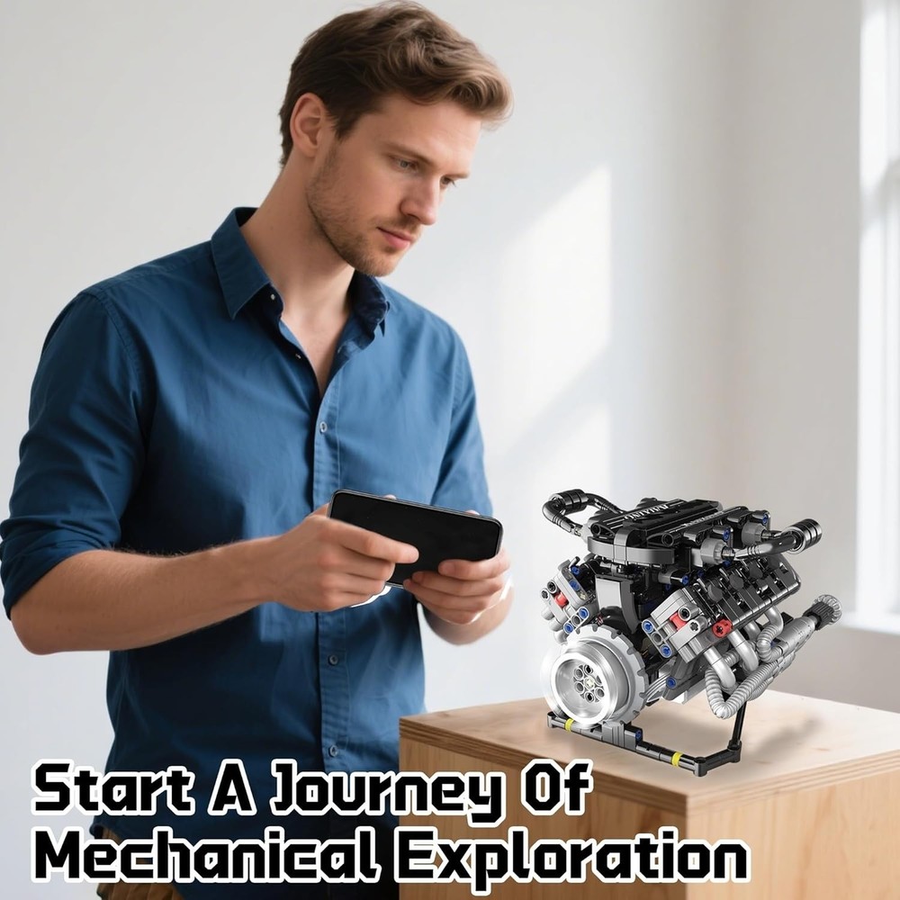 V8 Mini Engine Model Kit That Runs Building Sets with Motor, APP Control Technic