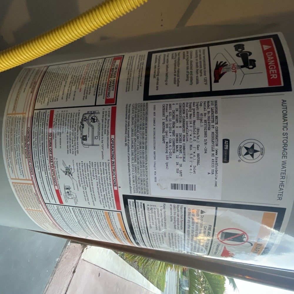 Bradford White RG240T6N 40 Gallon Atmospheric Vent Natural Gas Water Heater