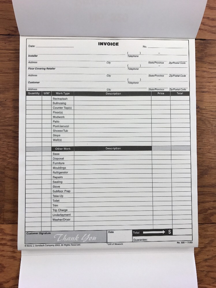 Gundlach 320 Professional Tile Flooring Installer Invoice Book
