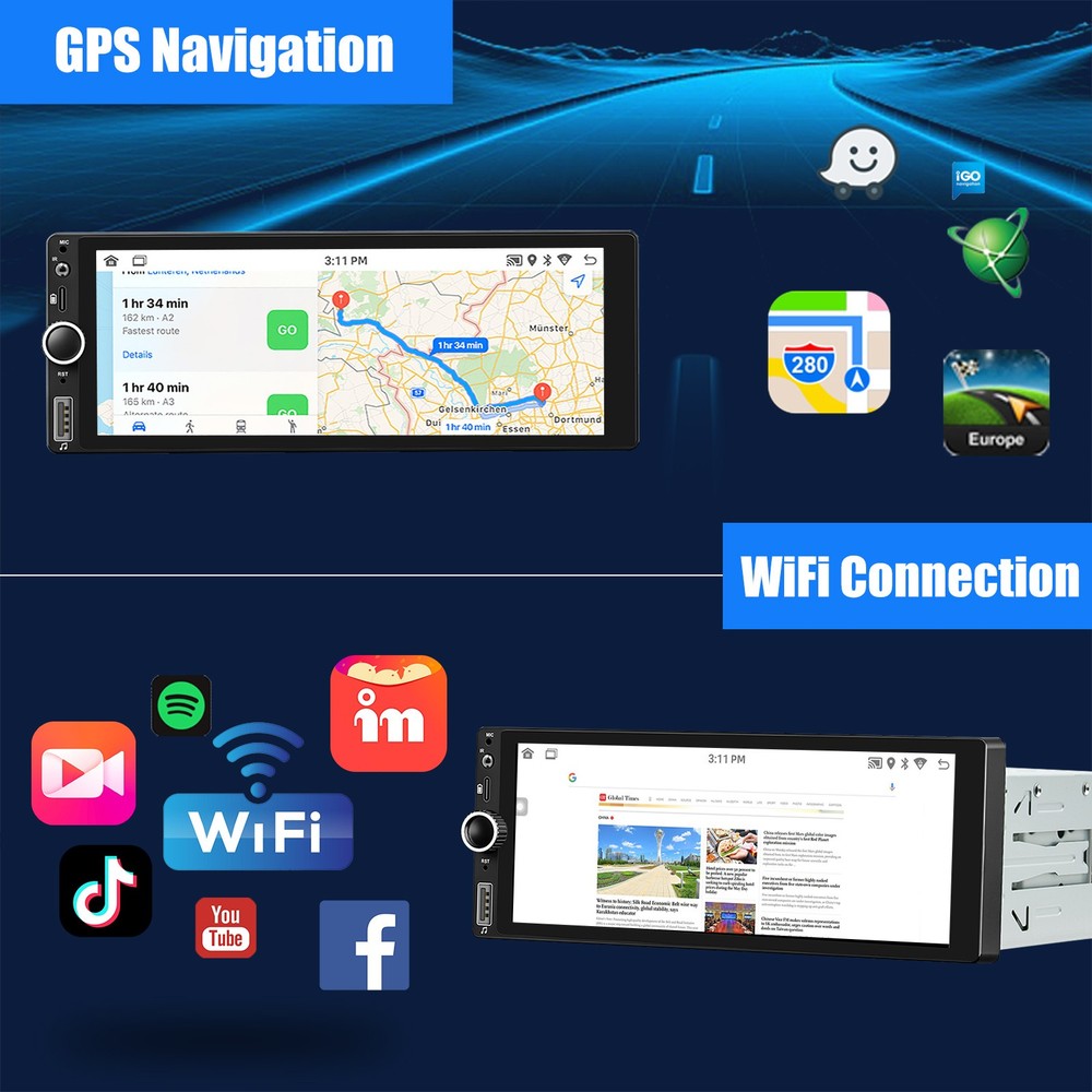Single 1 Din 4+64G Android 14 Car Stereo IPS Touch Screen GPS USB Bluetooth AUX