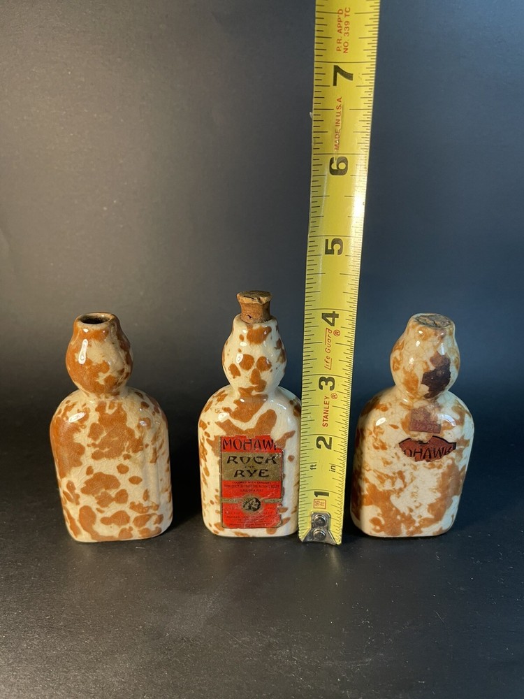 Mohawk Rock & Rye Stoneware Bottles, orig label On One -empty - Crazing
