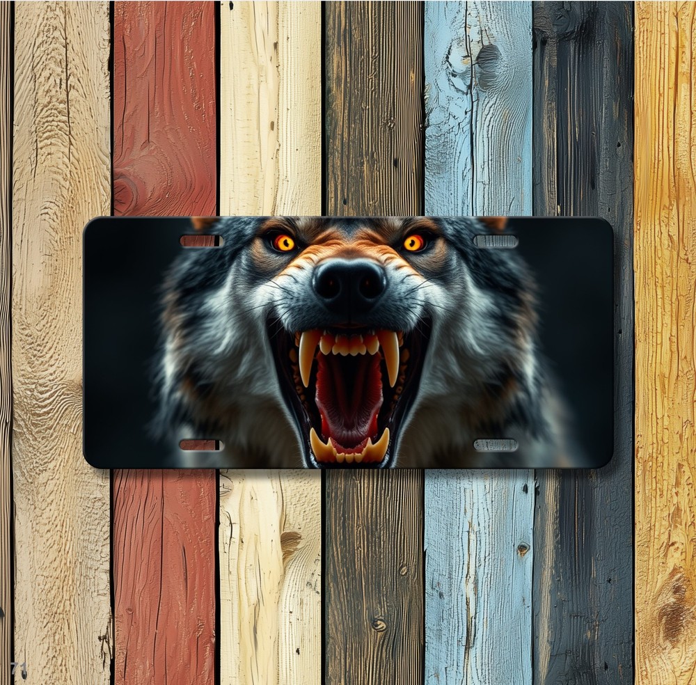Hyperrealistic Wolf License Plate Fierce Expression Optional Text Front Plate Bi