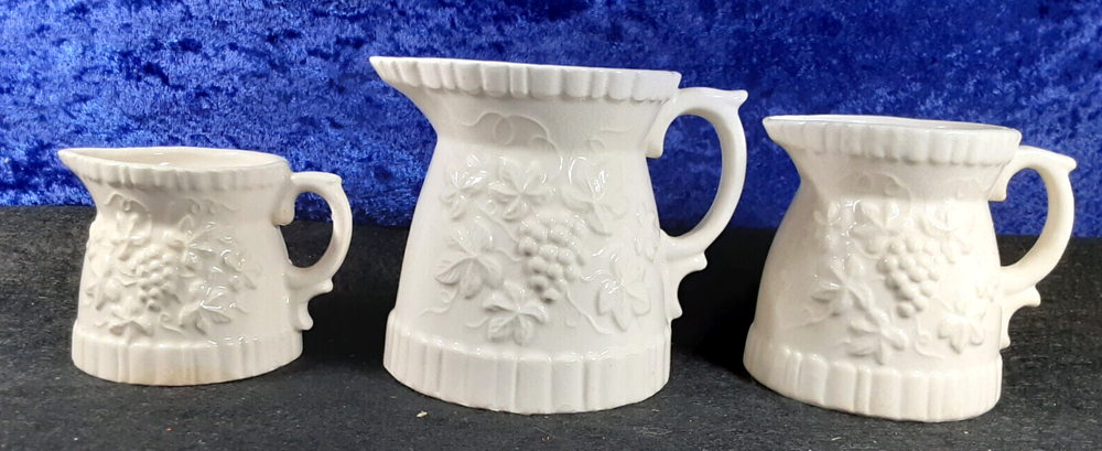 Vintage Ceramic Creamer / Measuring Cup set; Grapevine Pattern; 2,4,8 oz; EX