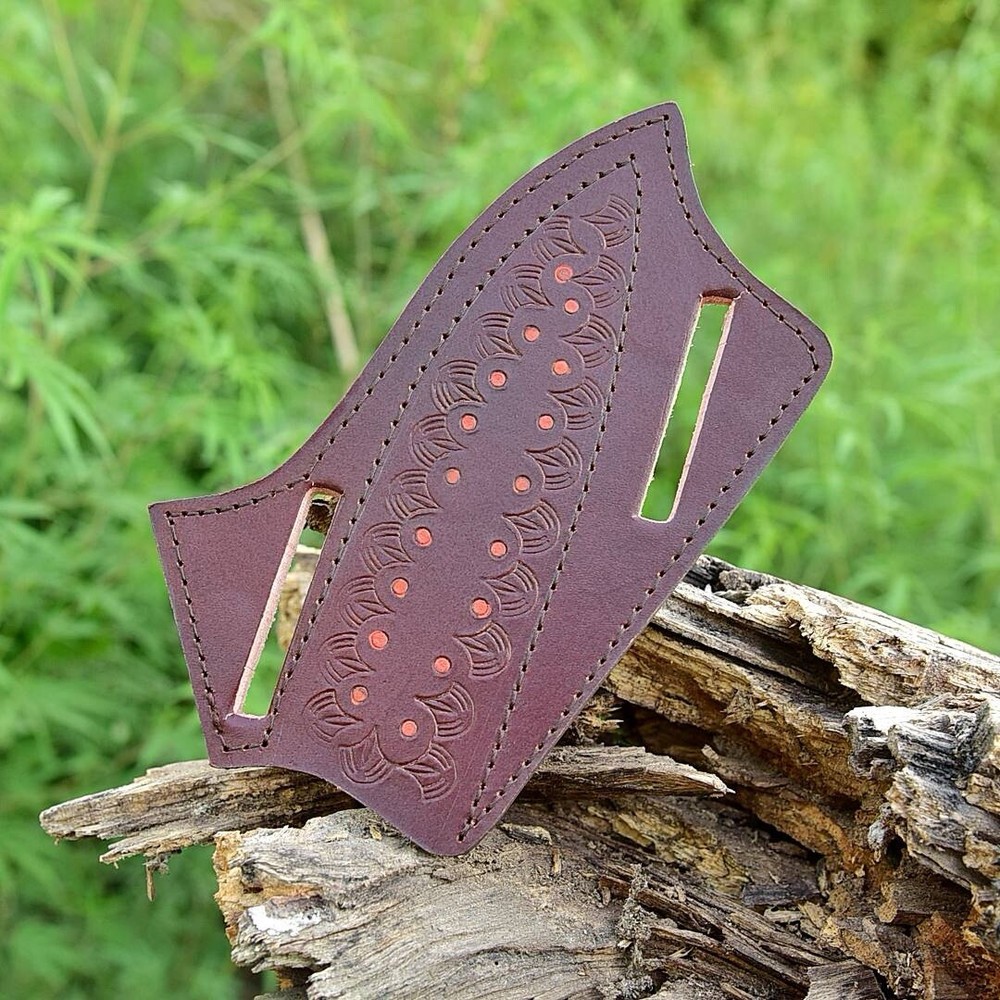 Leather Hand Engraved PANCAKE Fixed Blade Knife Belt Sheath Folding Case USA