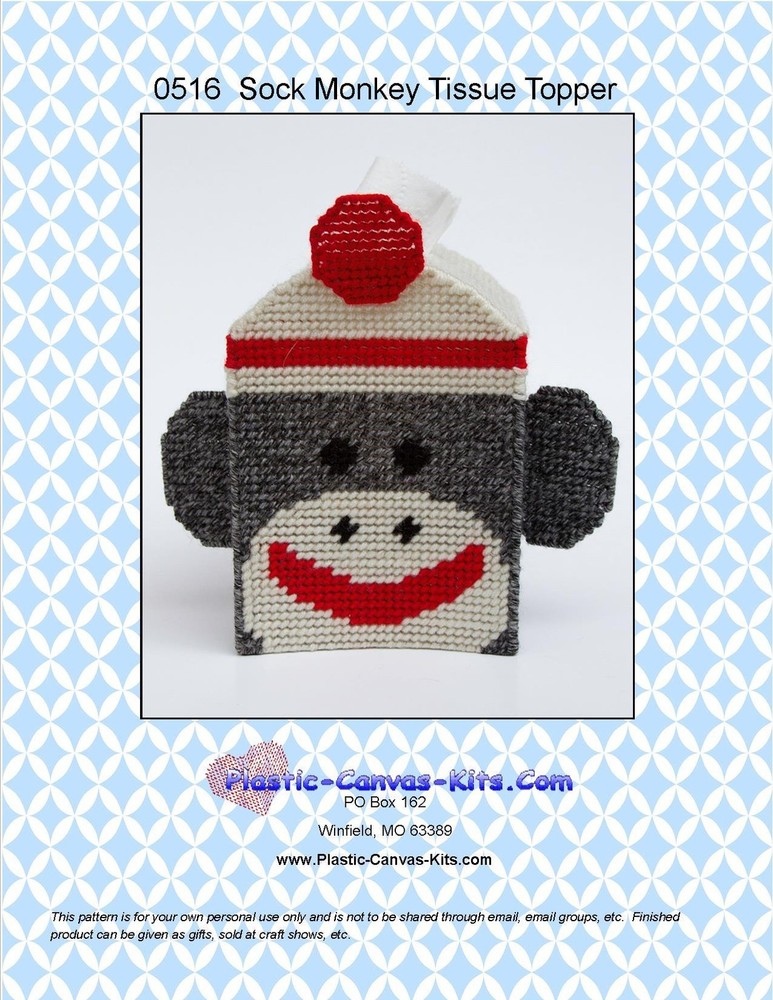 Sock Monkey Tissue Topper- Plastic Canvas Pattern or Kit