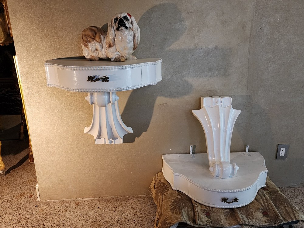 PAIR MID CENTURY MODERN Side Table or Consoles, Violin Scrolls Gloss White.