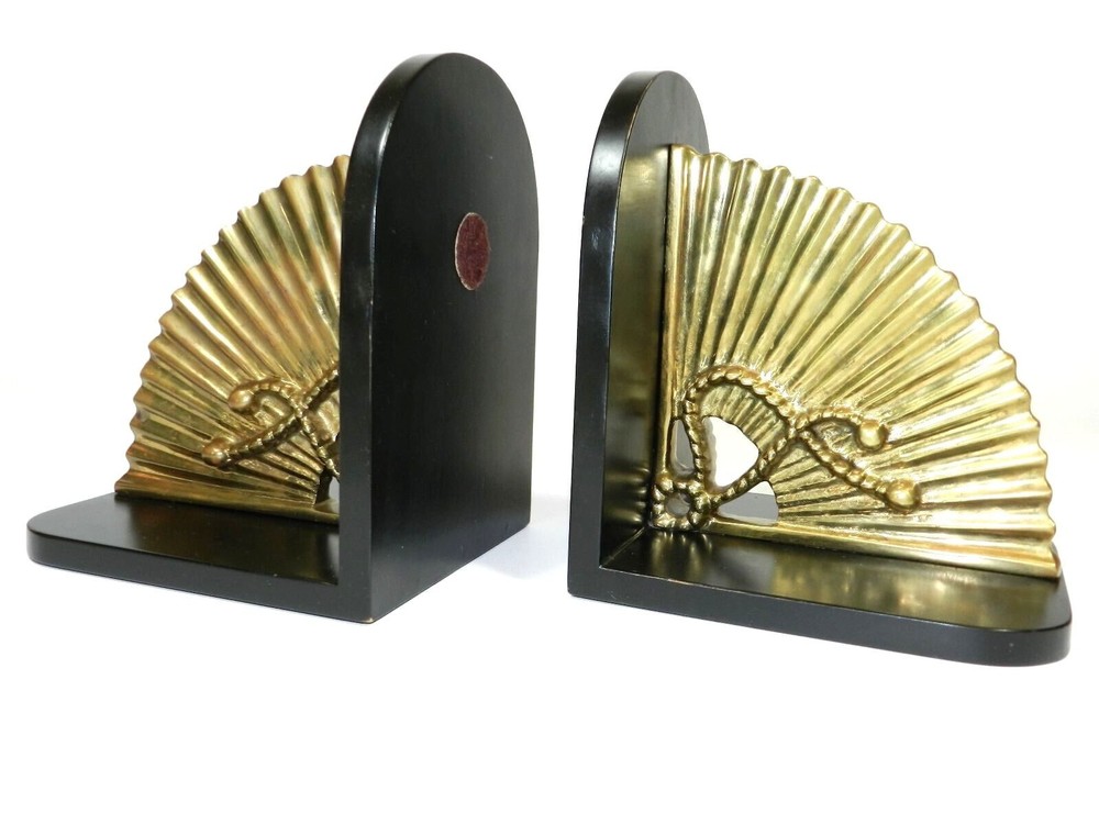 Black Lacquer Brass Fan Bookends Hollywood Regency Spain
