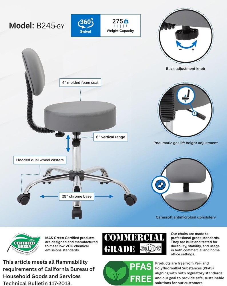 Ergonomic Adjustable Drafting Stool with Back Cushion - Grey & Chrome Finish
