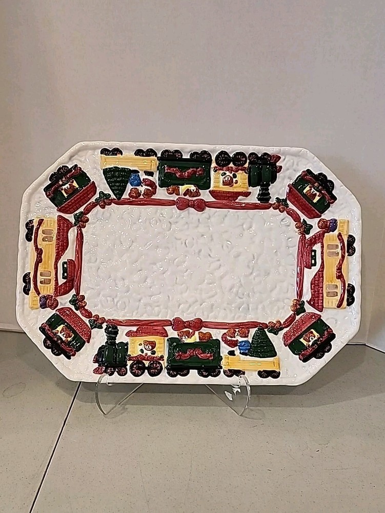 North Pole Express 16" Rectangular  Platter With Bear Riding Trains Design. New