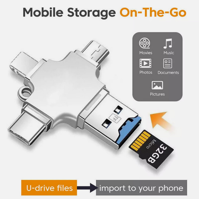 4 in 1 OTG Card Reader USB-C Micro TF Memory Card Adapter For iPhone Android PC