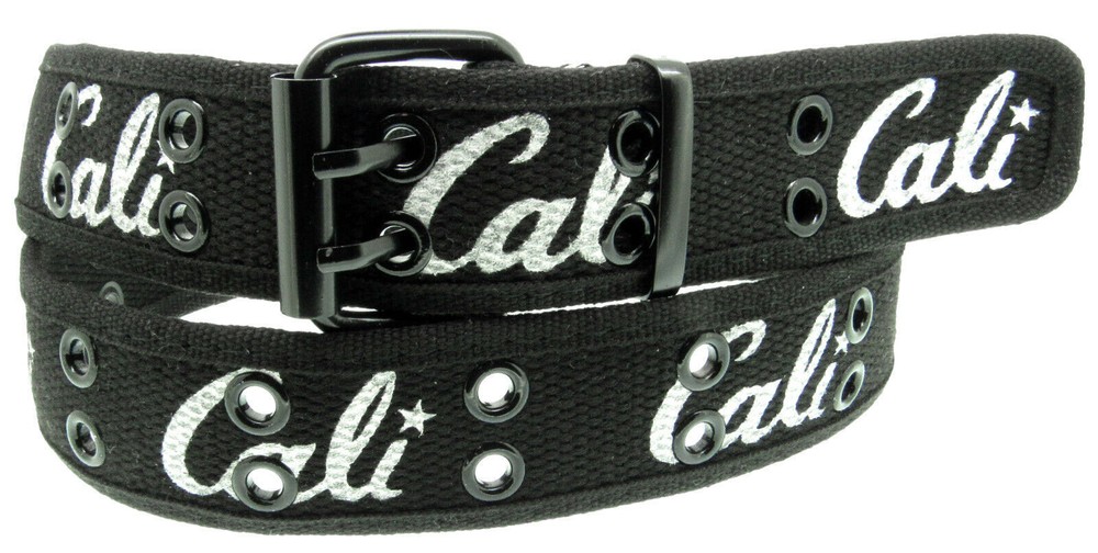 Cali Black  Double Row Grommet Belt 2 Hole Canvas Web Stud Biker Punk Goth Emo