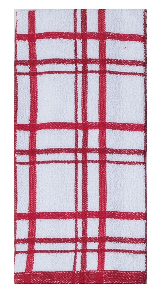 4 Piece Cinnabar Red Kitchen Set, Windowpane Towel and Solid Potholder