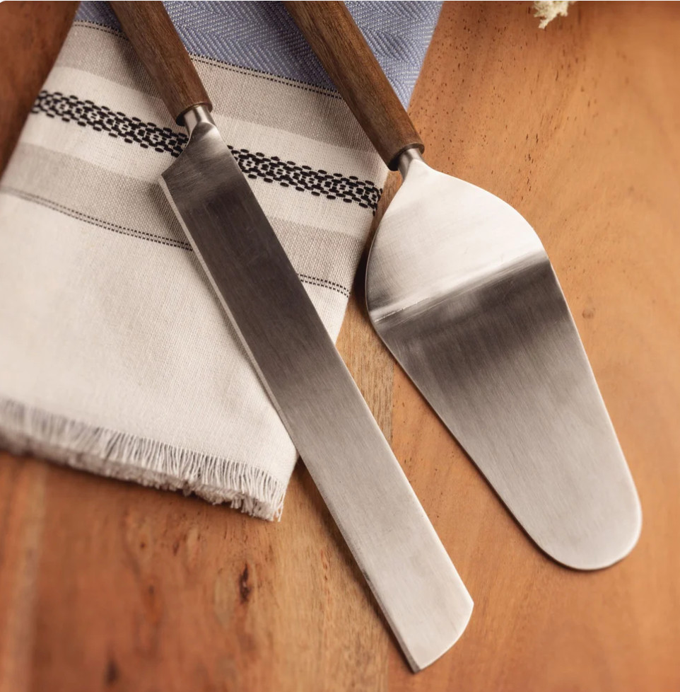 Karma Cake Knife and Server Set wooden handle brushed silver