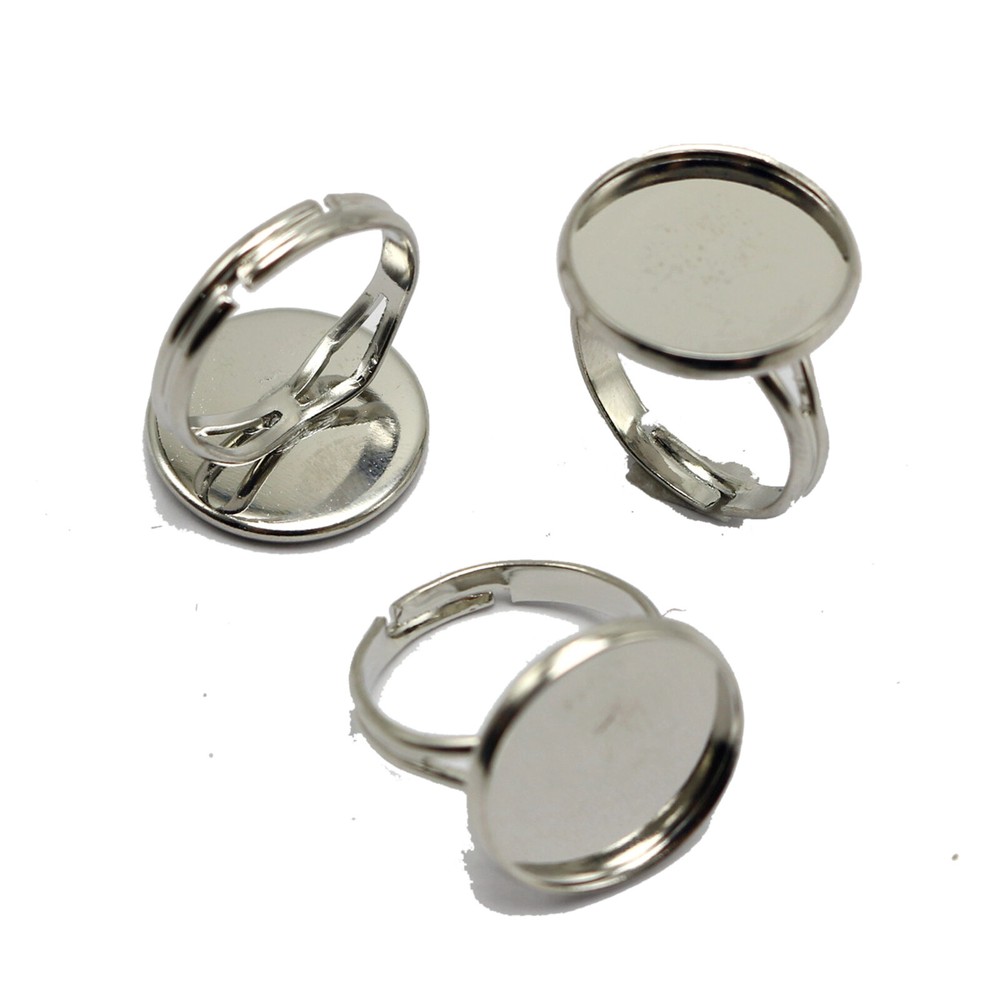20 Silver Tone Adjustable Ring Round Blank Cabochon Pad Bezel Setting Cup 20mm