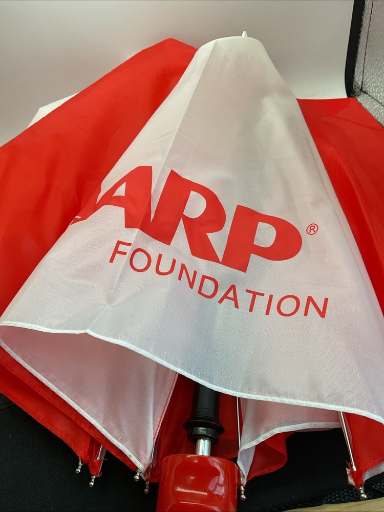 AARP Foundation - Red And White Umbrella - Push Button Open And Sleeve