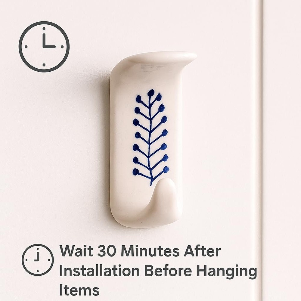Boho Ceramic Adhesive Wall Hooks - Damage-Decorative Blue Pottery Hangers for...