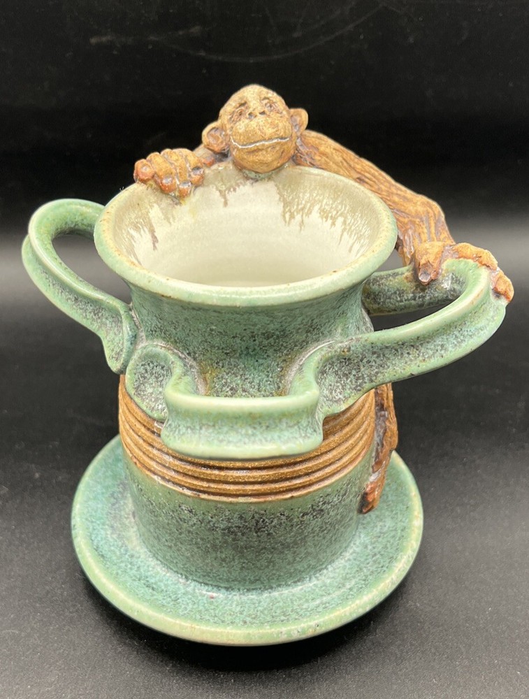 Whimsical Art Pottery Toothbrush Toothpaste Holder Chimp Monkey