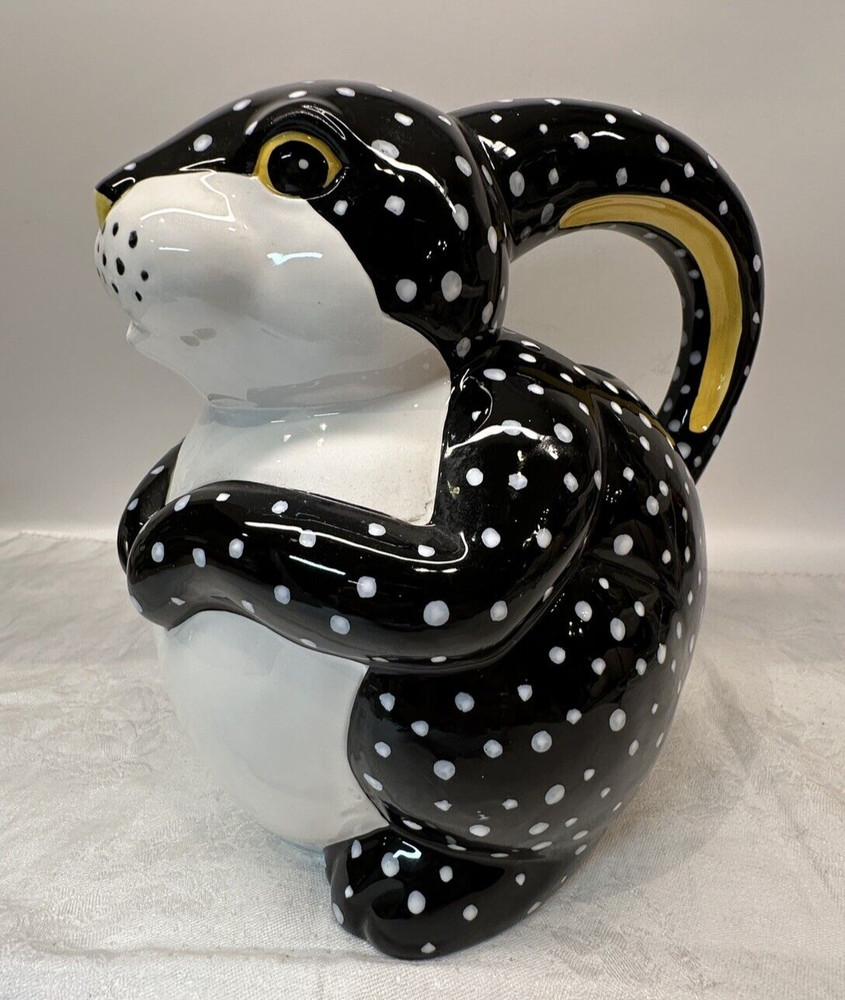 Dept. 56-Black/White Polka Dot Ceramic Bunny Rabbit Watering Can/Pitcher