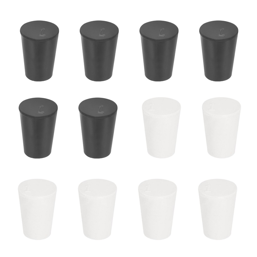 12 Pcs Solid Rubber Stopper Size 1#-19mm x 14mm - 26mm Long, Black/White