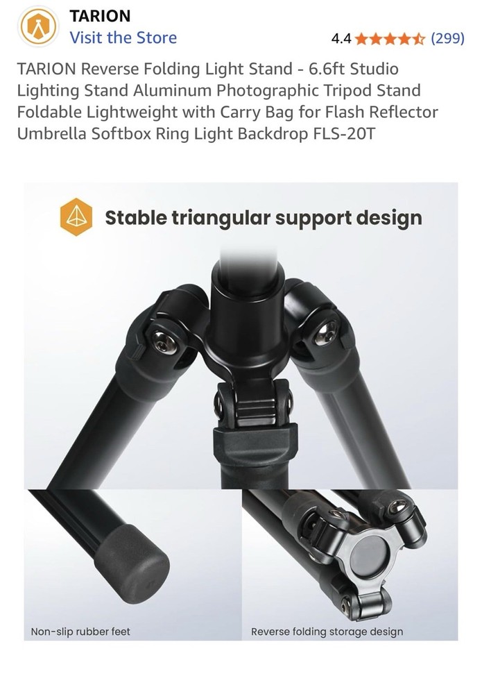 Tarion Reverse Folding Light Stand. 6.6 Ft Studio Light Stand