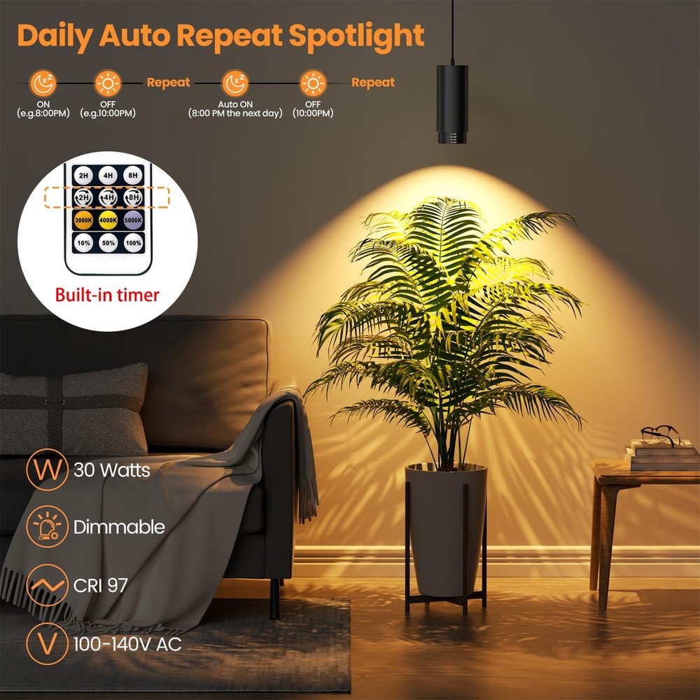 TuyuBEE Zoomable Remote Pendant Grow Lights with 1 Light Timer, Black