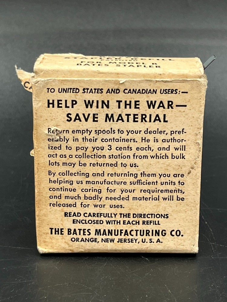 WWII Bates Model B Stapler Refill "HELP WIN THE WAR-SAVE MATERIAL"