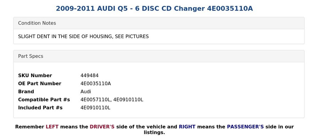 2009-2011 AUDI Q5 - 6 DISC CD Changer 4E0035110A