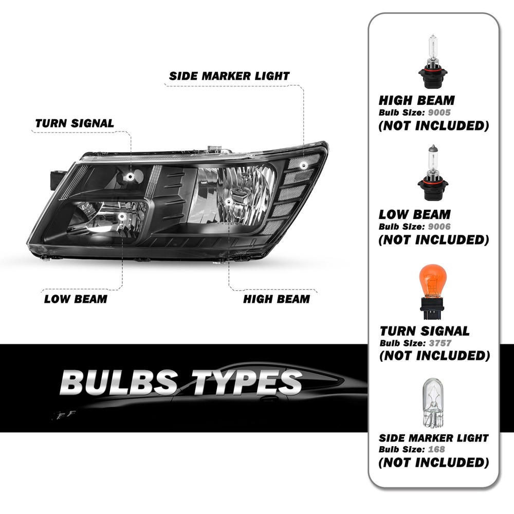 For 2009-2018 Dodge Journey Headlight Black Clear Corner Headlamp Left&Right 2PC