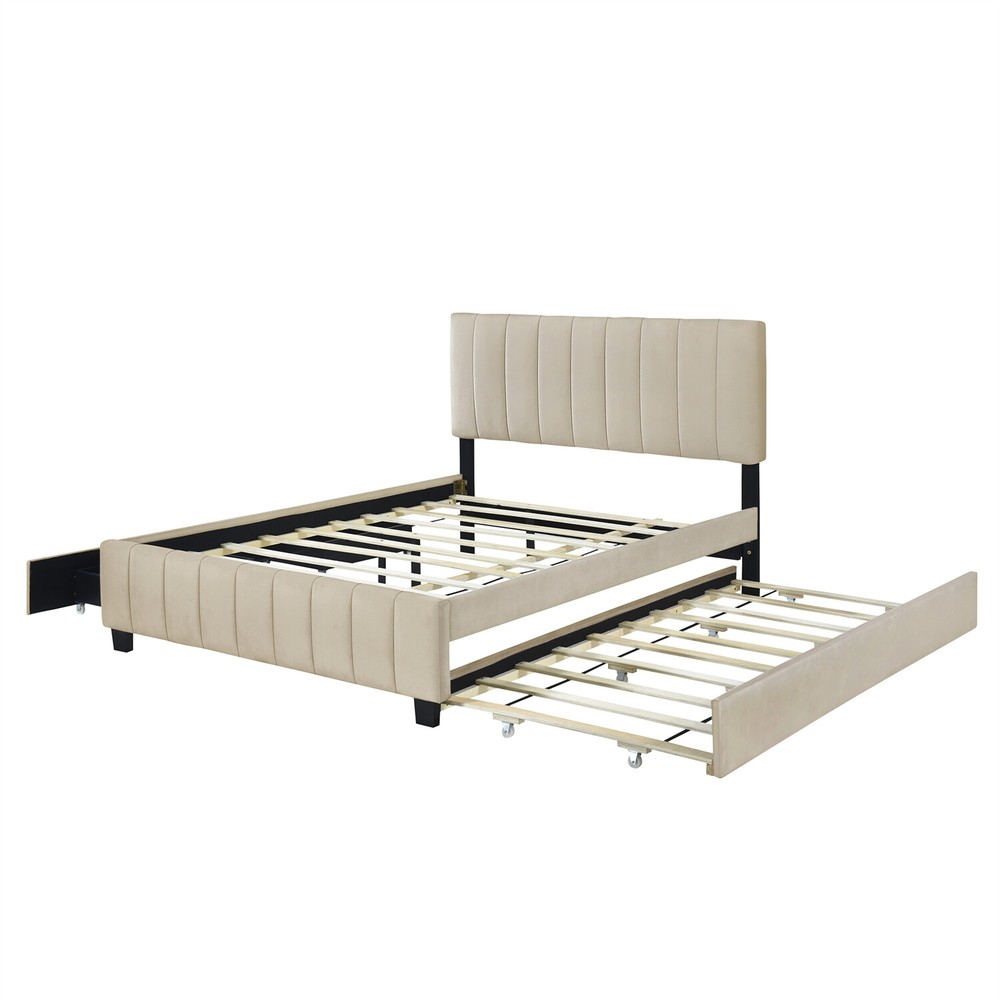 Queen Size Bed Frame Upholstered Platform Bed w/ Pull-Out Trundle & 2 Drawers
