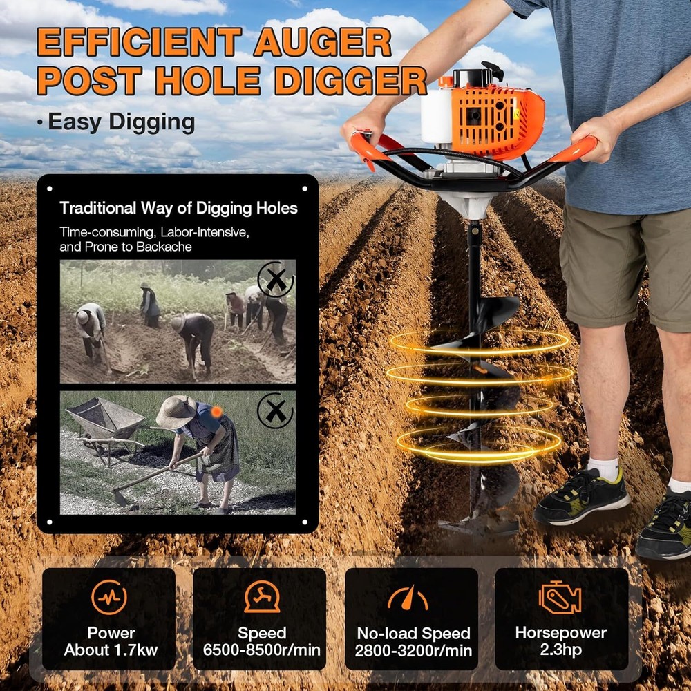 52cc Two-Stroke Auger Post Hole Digger with 3 Drill Bits for Efficient Digging