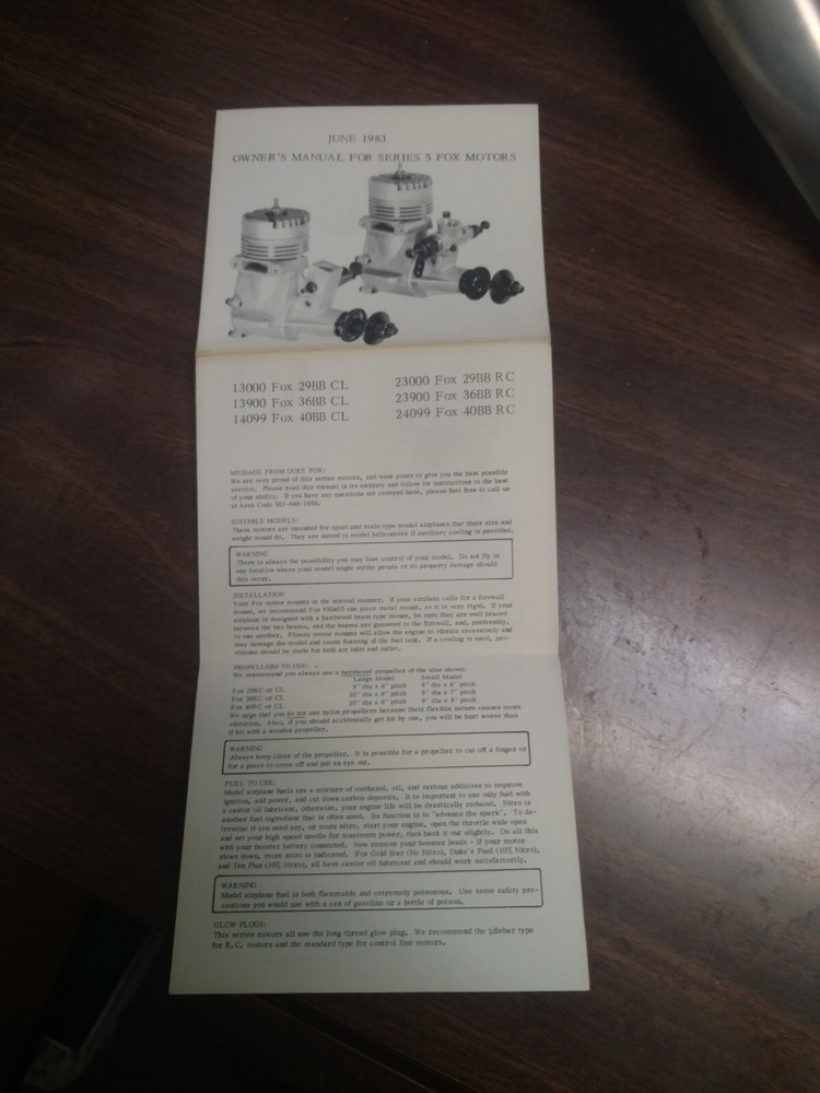 FOX Model Airplane Engine Series 5 --- .29 .36 .40 Owners Guide