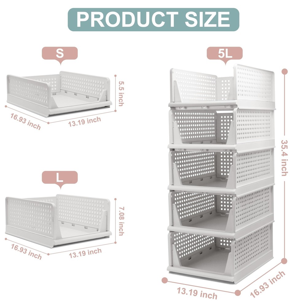 5 Pack Stackable Foldable Storage Baskets - Folding Storage Bins, Multifuncti...
