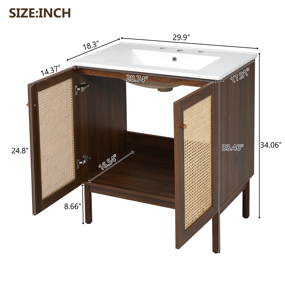 30-inch Bathroom Vanity w/ Bamboo Doors & Soft-Close, Dark Walnut