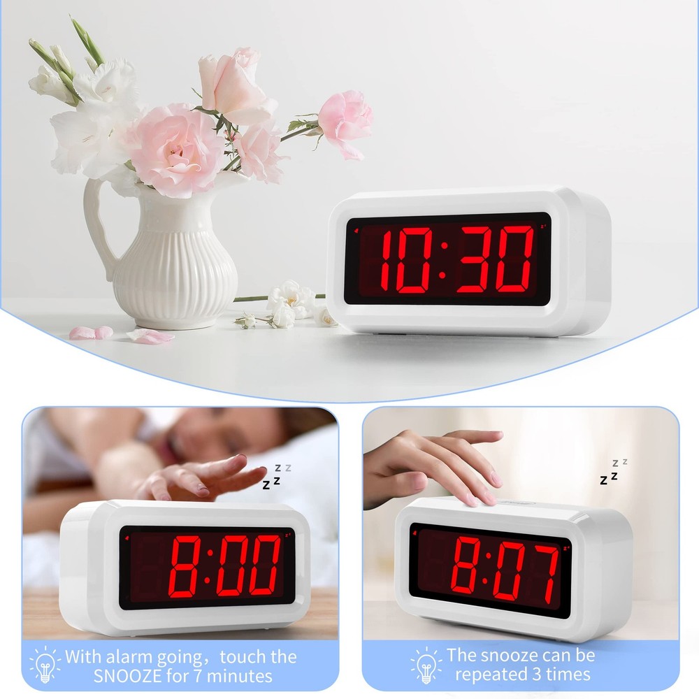 Alarm Clock, Digital Auto Night-Mode, Small, White Case-red Led