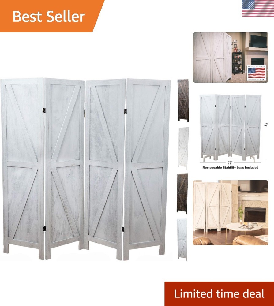 Rustic White 4-Panel Room Divider - Easy to Move Folding Privacy Screen