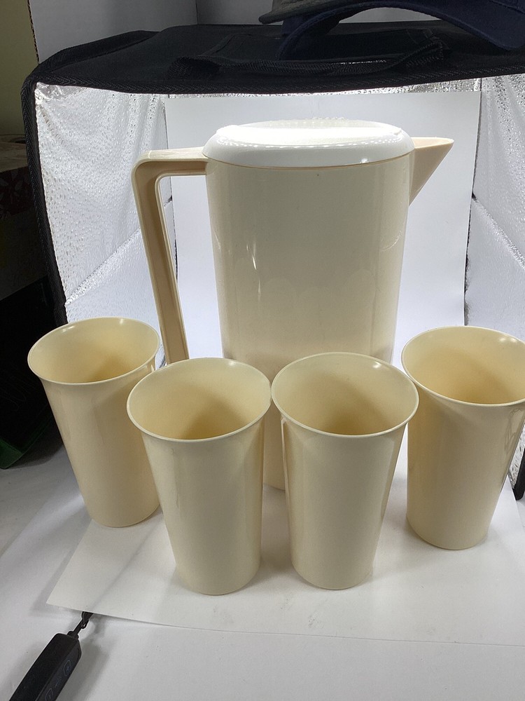 Vintage Almond Ivory Pitcher Lid And Cups Unmarked Plastic