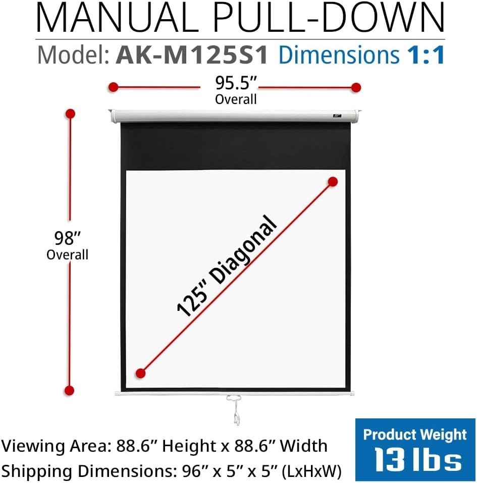 125" Manual Pull Down Projector Screen, 1:1 Retractable Projection Screen, Au...