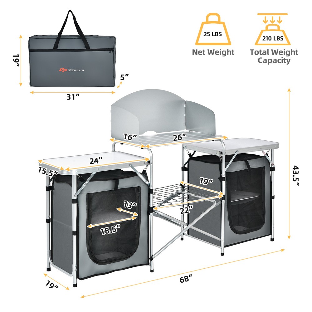 Portable Folding Aluminum Camping Grill Table w/ Storage Organizer Windscreen