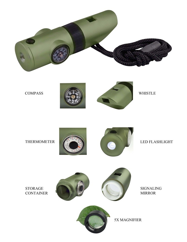 7-In-1 Emergency Survival Whistle Compass Thermometer LED Flashlight Magnifier