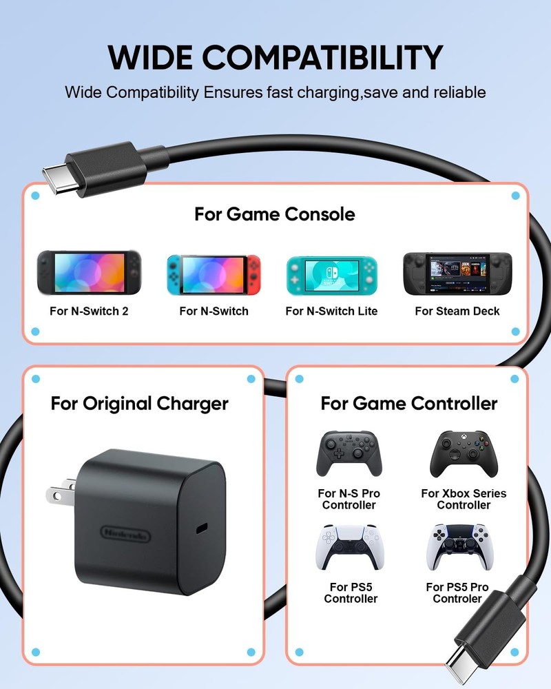 Ultra Long 9.8FT USB-C Cable for Switch 2 - Durable Fast Charging Solution