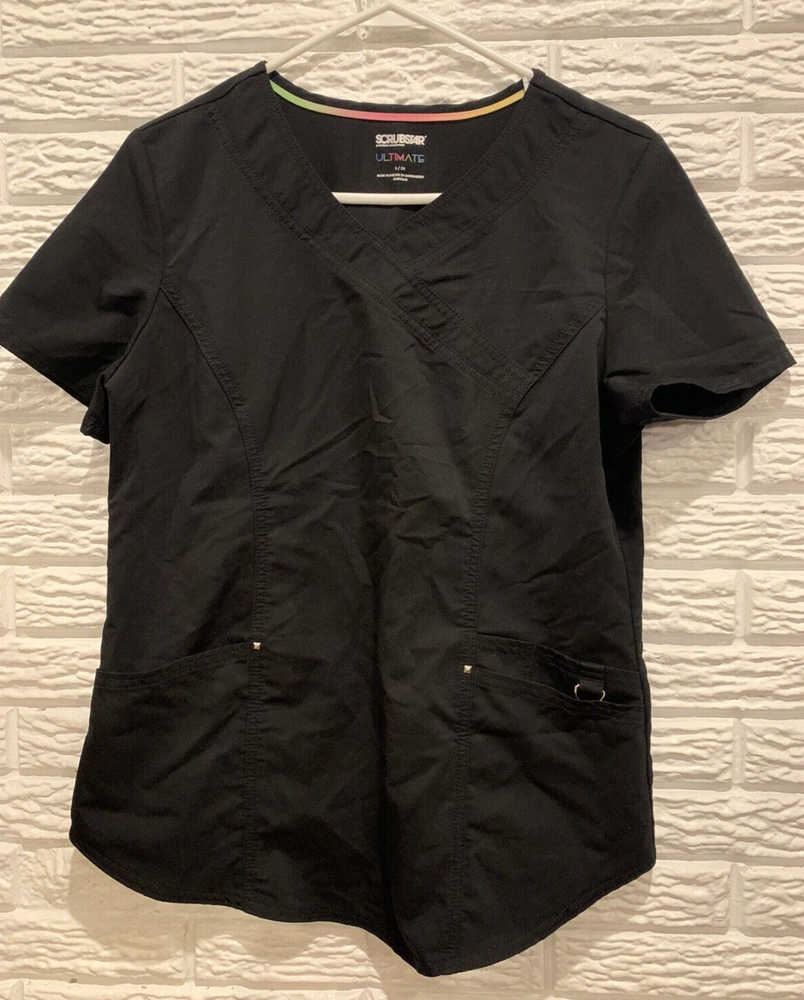 Scrubstar Ultimate Black Scrub Top Size Small Polyester/Rayon/Spandex, Pockets