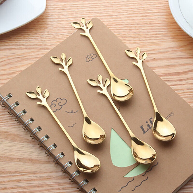 5pcs Stainless Steel Spoon Branches Leaf Spoon Kitchen Tableware Cooking Gift e