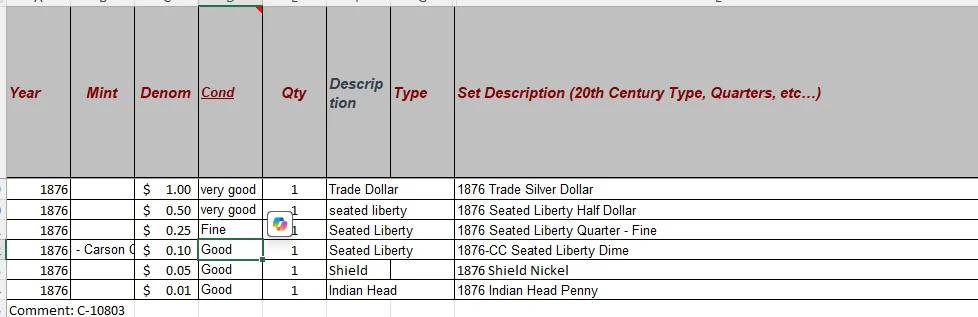 1876 Coin Set - C