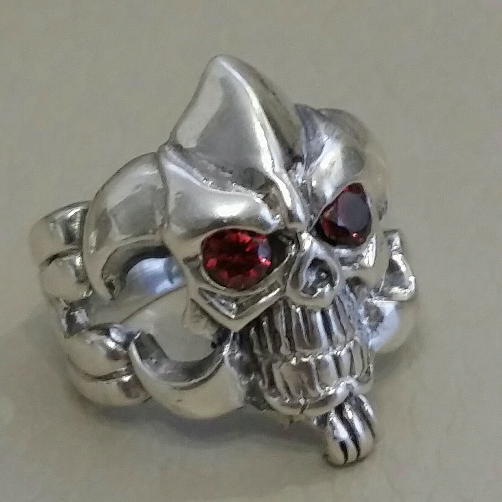 925 MENS SILVER RING motorcycle skull harley garnets ruby color