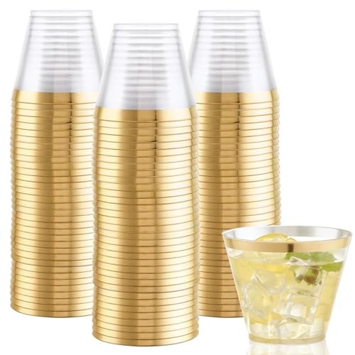 200Pcs 9OZ Clear Cups - Plastic Disposable Cups with Trim, 9oz_200Pack Gold