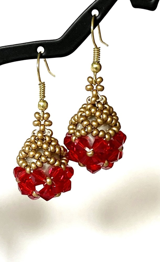 Handmade Red Gold Dangle Beaded Earrings