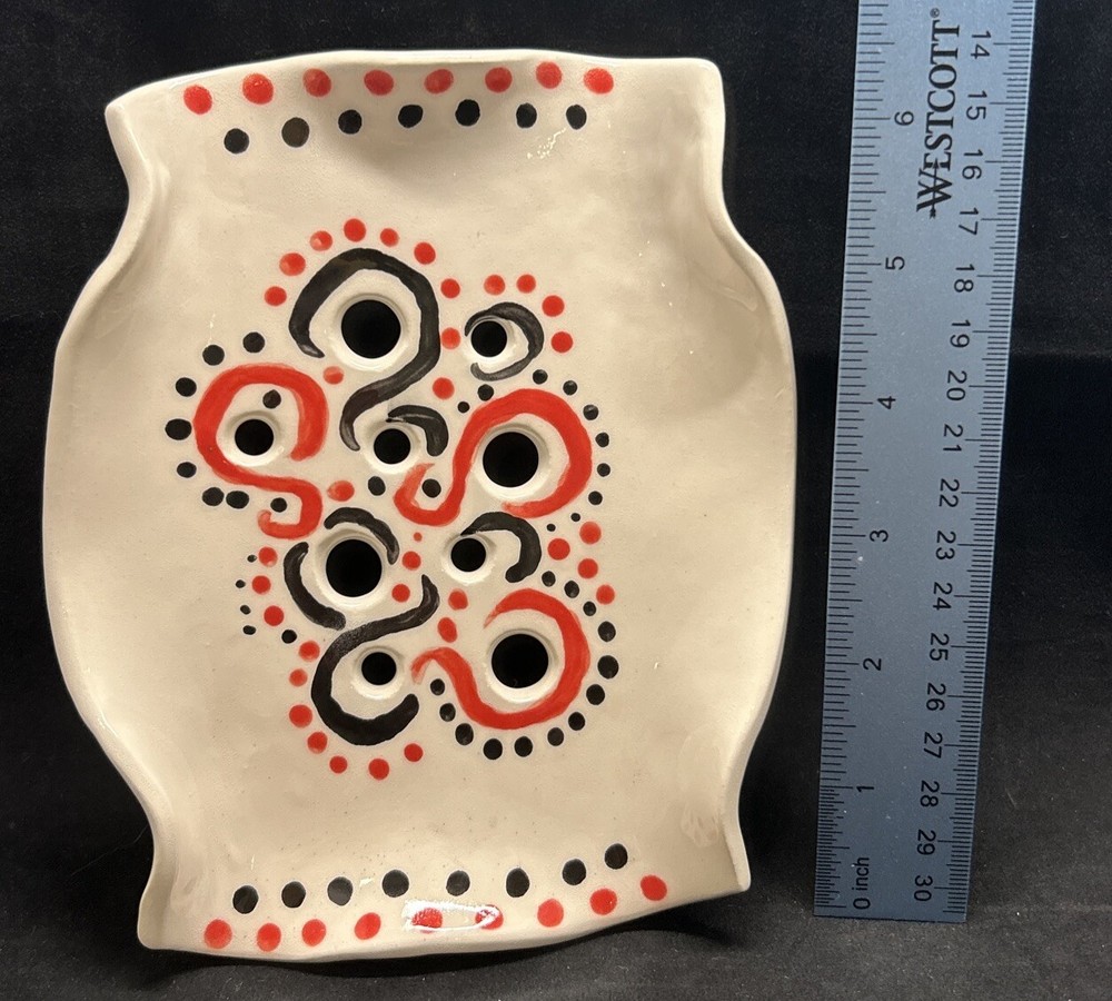 Nancy Bishop Pottery Footed Soapdish Strainer Red and Black