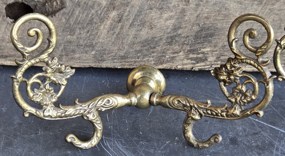 Pair of Solid Brass Hall Tree Double Hooks Architectural Salvage Coat & Hat Hook